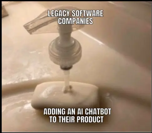 Funny meme showing a soap dispenser awkwardly placed on a bar of soap, symbolizing how legacy software companies poorly integrate AI chatbots without addressing real user needs.