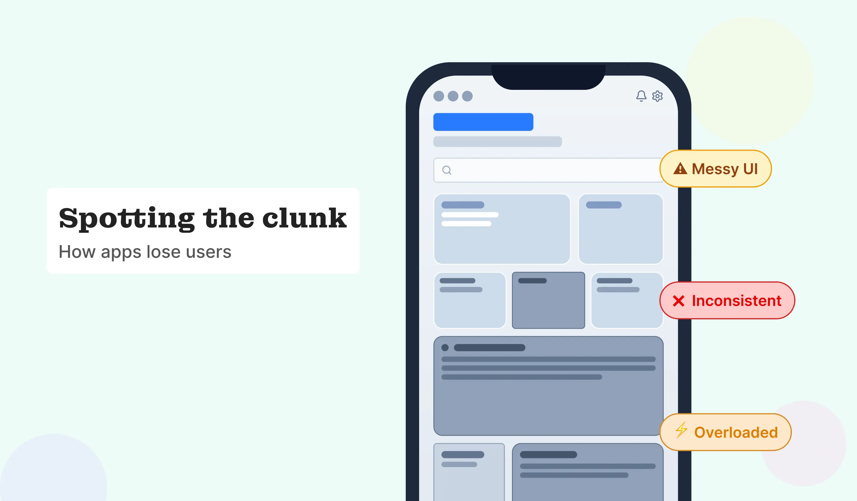 Illustrating how cluttered UI and confusing navigation increase cognitive load in mobile apps.