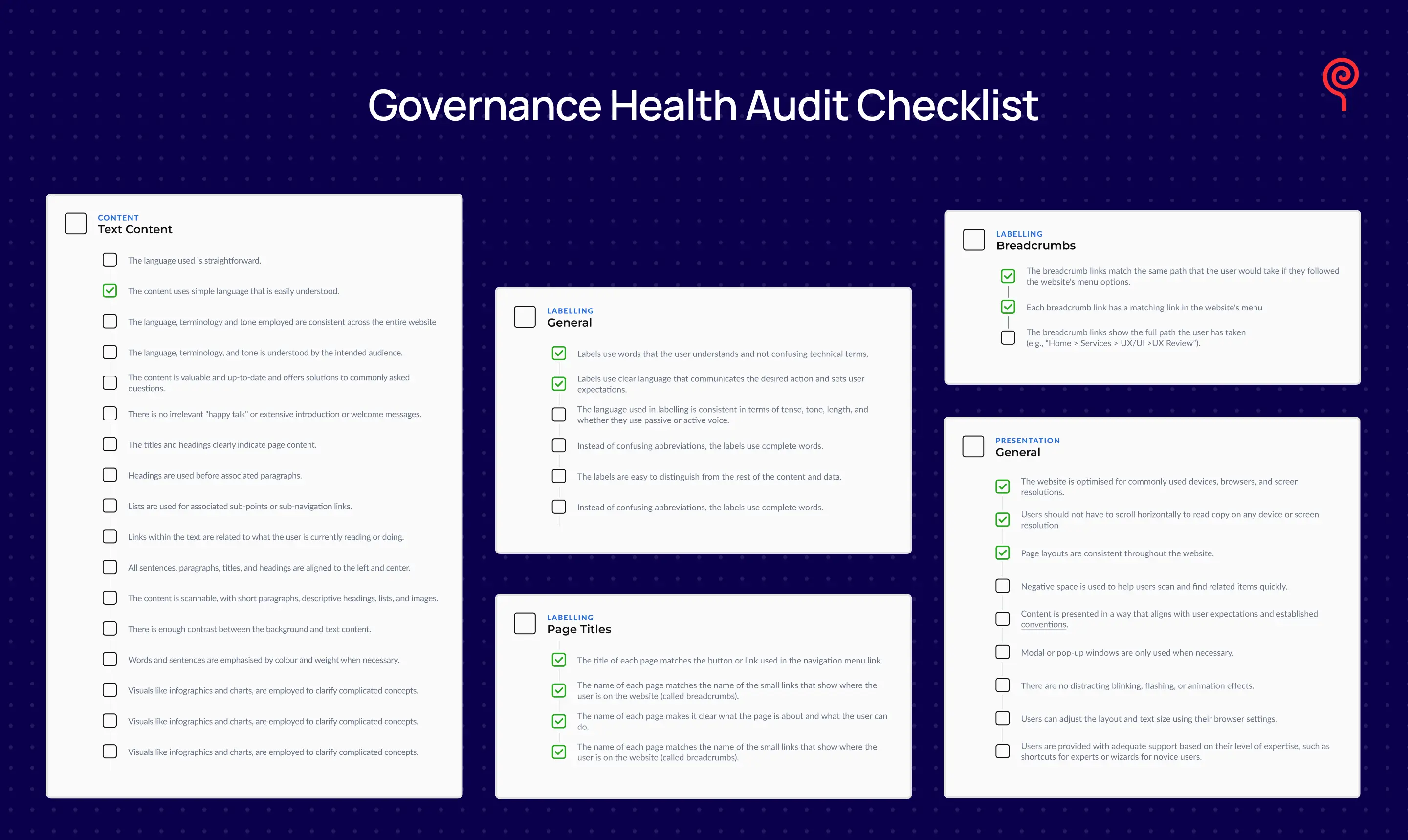 Governance Health Audit Checklist for reviewing documentation, accessibility, labeling, and content presentation.