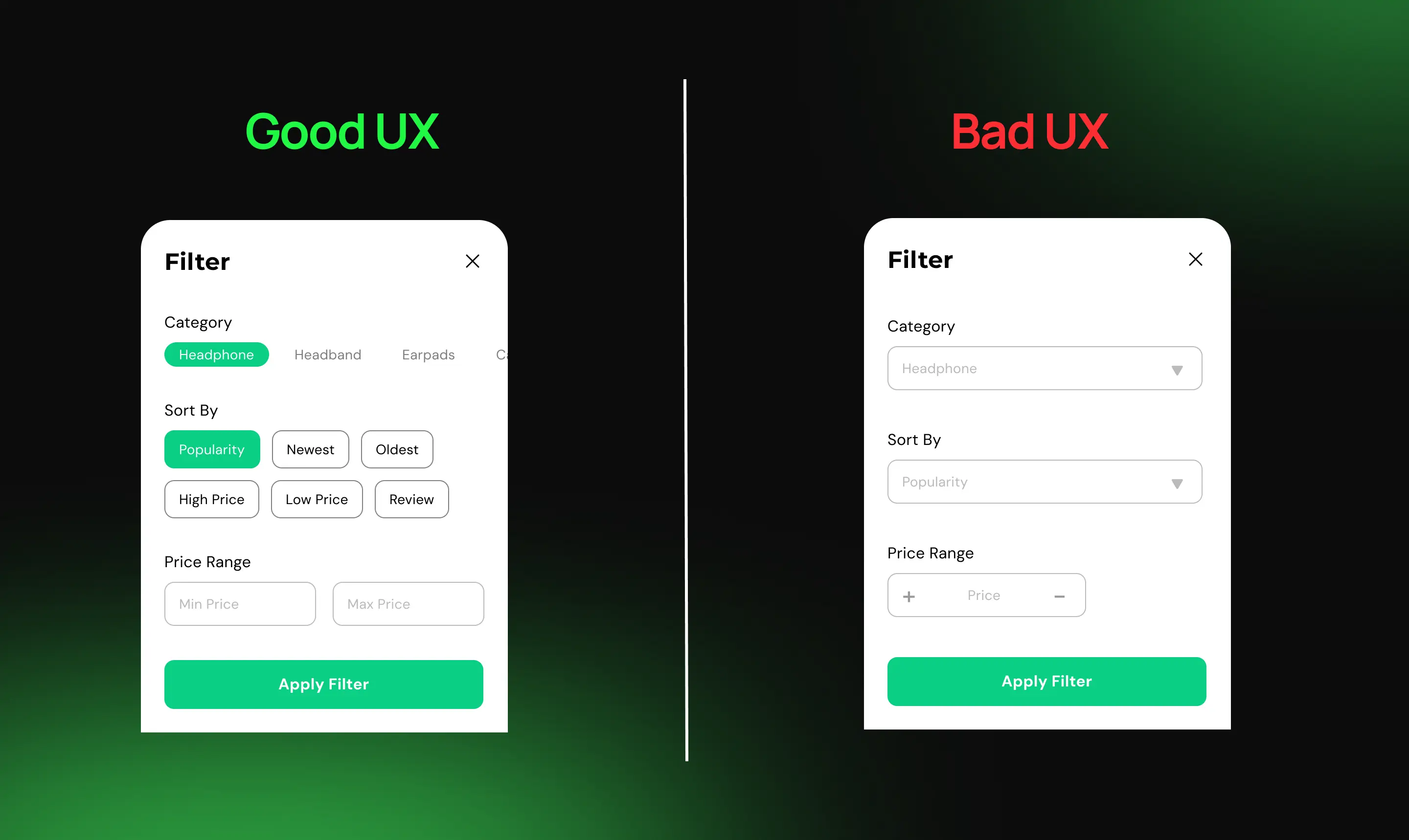 Good UX vs bad UX comparison showing how intuitive UI design improves usability, navigation, and conversion rates compared to poor user experience design.